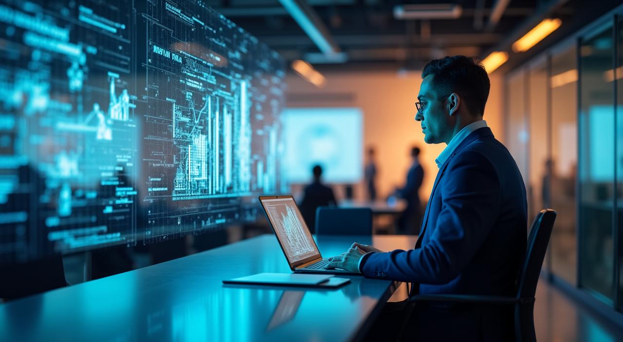 Analista de datos visualizando tendencias de comportamiento del cliente en una interfaz tecnológica moderna